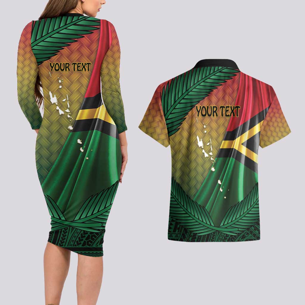 Personalised Long Live Vanuatu Independence Day Couples Matching Long Sleeve Bodycon Dress and Hawaiian Shirt 45th Anniversary Woven Pattern - Polynesian Pride