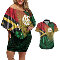 Personalised Long Live Vanuatu Independence Day Couples Matching Off Shoulder Short Dress and Hawaiian Shirt 45th Anniversary Woven Pattern - Polynesian Pride