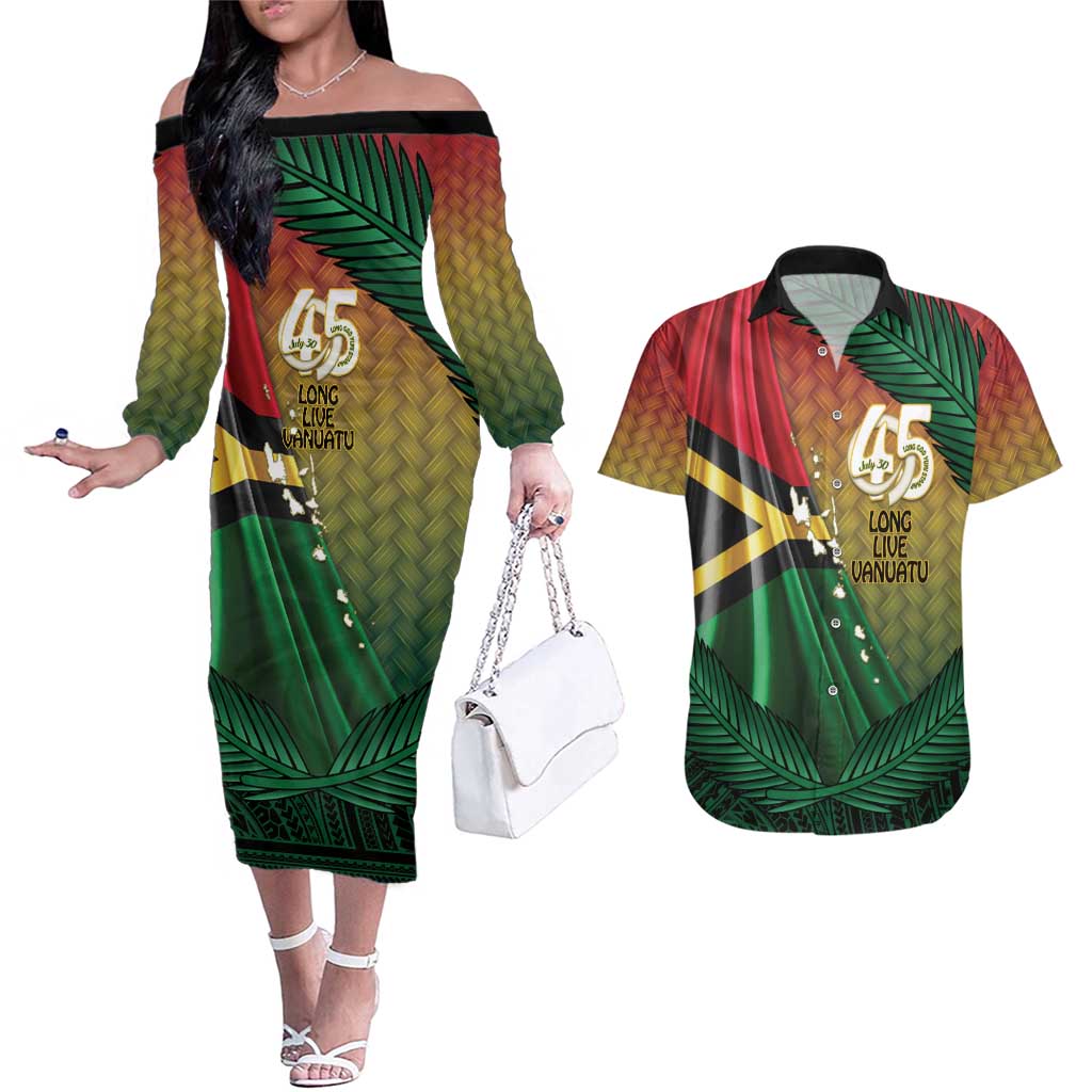 Personalised Long Live Vanuatu Independence Day Couples Matching Off The Shoulder Long Sleeve Dress and Hawaiian Shirt 45th Anniversary Woven Pattern - Polynesian Pride