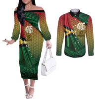 Personalised Long Live Vanuatu Independence Day Couples Matching Off The Shoulder Long Sleeve Dress and Long Sleeve Button Shirt 46th Anniversary Woven Pattern LT14 Reggae - Polynesian Pride