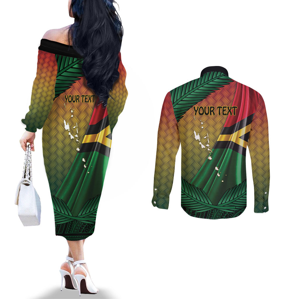 Personalised Long Live Vanuatu Independence Day Couples Matching Off The Shoulder Long Sleeve Dress and Long Sleeve Button Shirt 46th Anniversary Woven Pattern LT14 - Polynesian Pride