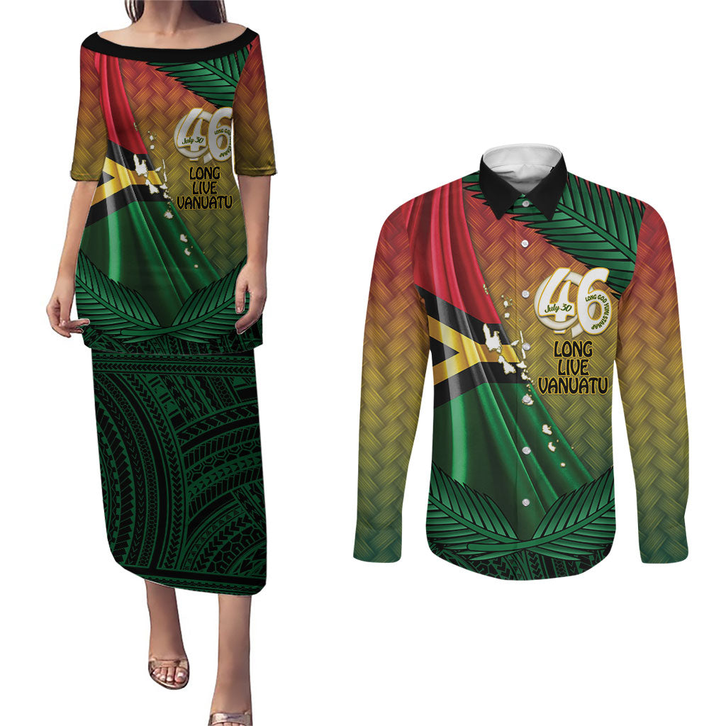 Personalised Long Live Vanuatu Independence Day Couples Matching Puletasi and Long Sleeve Button Shirt 46th Anniversary Woven Pattern LT14 Reggae - Polynesian Pride