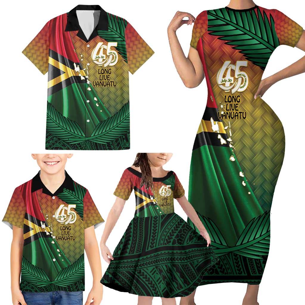 Personalised Long Live Vanuatu Independence Day Family Matching Short Sleeve Bodycon Dress and Hawaiian Shirt 45th Anniversary Woven Pattern - Polynesian Pride