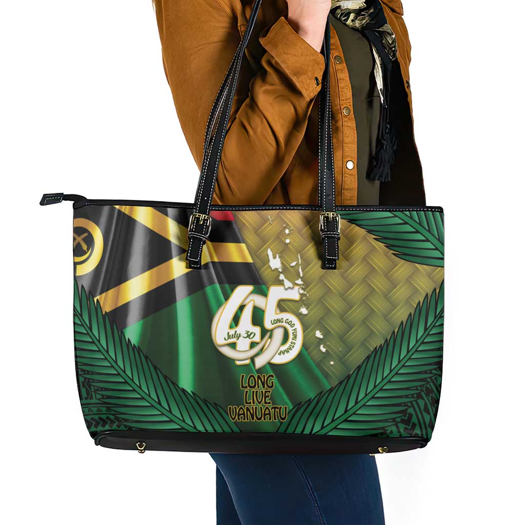 Long Live Vanuatu Independence Day Leather Tote Bag 45th Anniversary Woven Pattern - Polynesian Pride