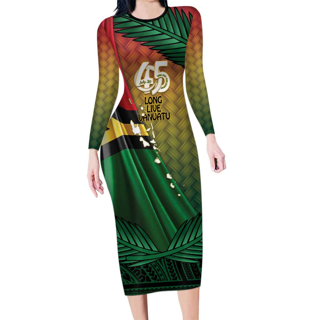 Personalised Long Live Vanuatu Independence Day Long Sleeve Bodycon Dress 45th Anniversary Woven Pattern - Polynesian Pride