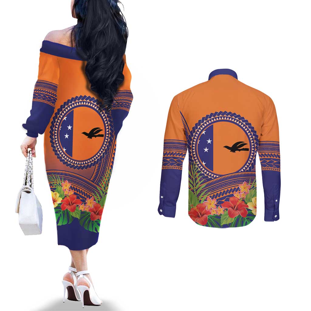 PNG New Ireland Province Couples Matching Off The Shoulder Long Sleeve Dress and Long Sleeve Button Shirt Niu Ailan Necklace Polynesian Tattoo - Polynesian Pride