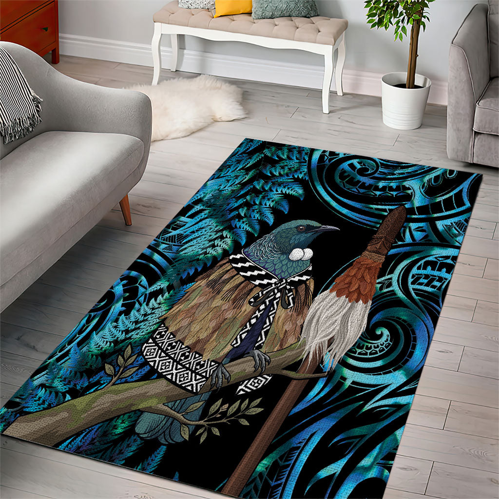 New Zealand Tui Bird Taiaha Area Rug Maori Weapon Paua Shell Mix Silver Fern LT14 - Polynesian Pride
