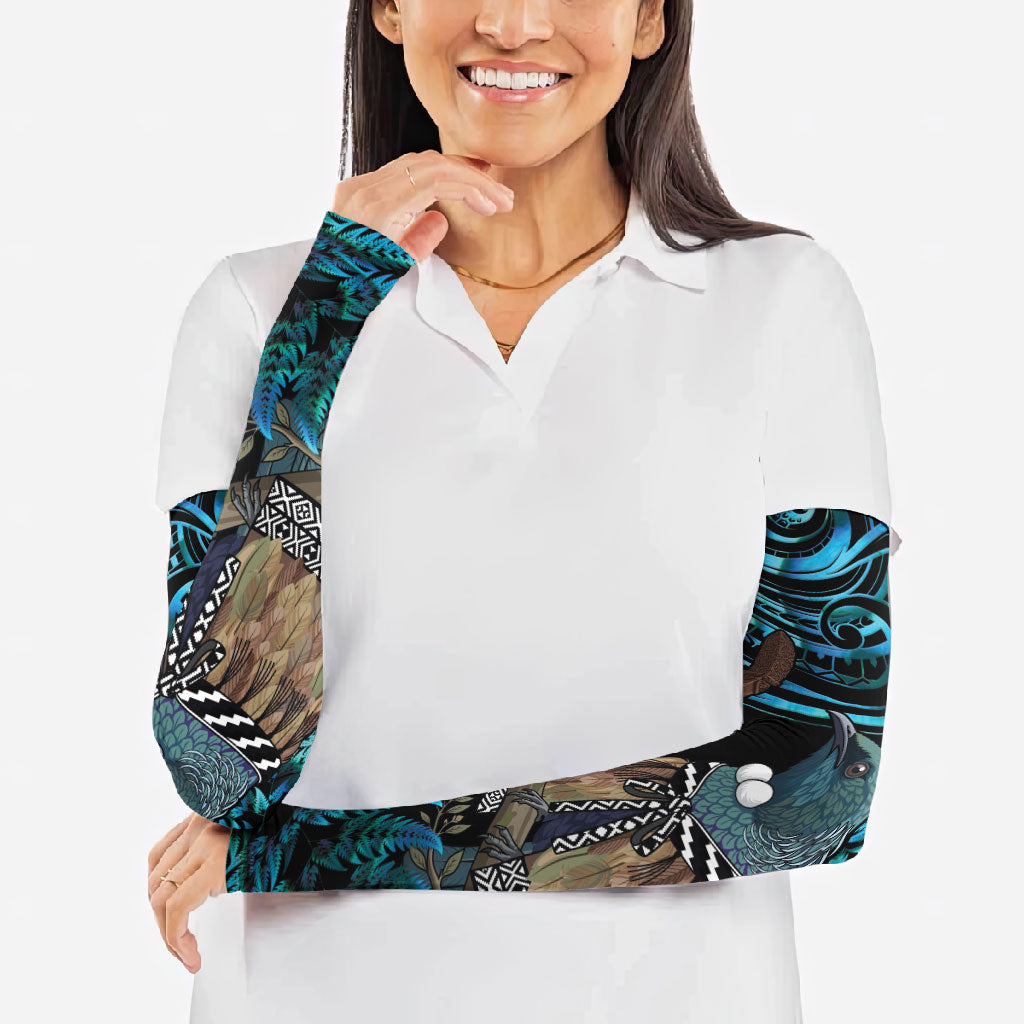 New Zealand Tui Bird Taiaha Arm Sleeves Maori Weapon Paua Shell Mix Silver Fern LT14 - Polynesian Pride