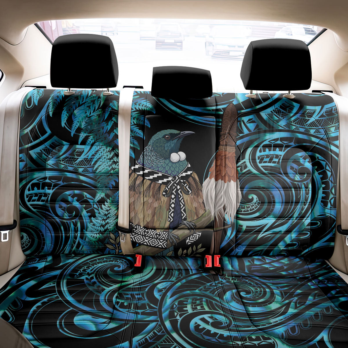 New Zealand Tui Bird Taiaha Back Car Seat Cover Maori Weapon Paua Shell Mix Silver Fern LT14 - Polynesian Pride
