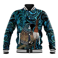 New Zealand Tui Bird Taiaha Baseball Jacket Maori Weapon Paua Shell Mix Silver Fern LT14 Unisex Turquoise - Polynesian Pride