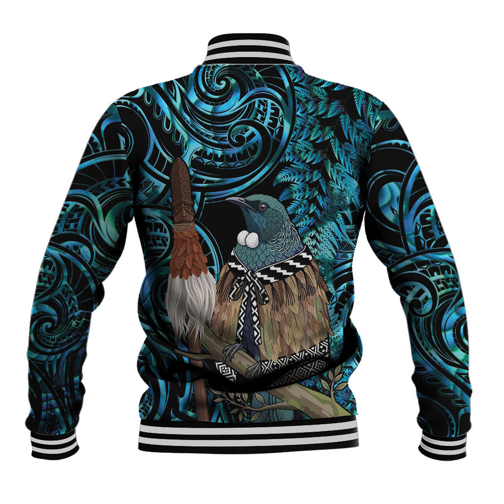 New Zealand Tui Bird Taiaha Baseball Jacket Maori Weapon Paua Shell Mix Silver Fern LT14 - Polynesian Pride