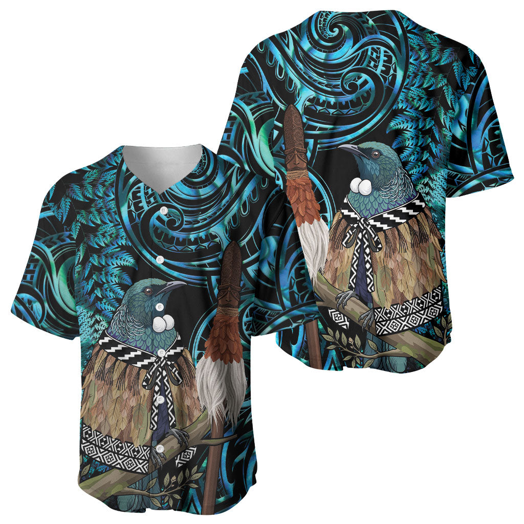 New Zealand Tui Bird Taiaha Baseball Jersey Maori Weapon Paua Shell Mix Silver Fern LT14 - Polynesian Pride