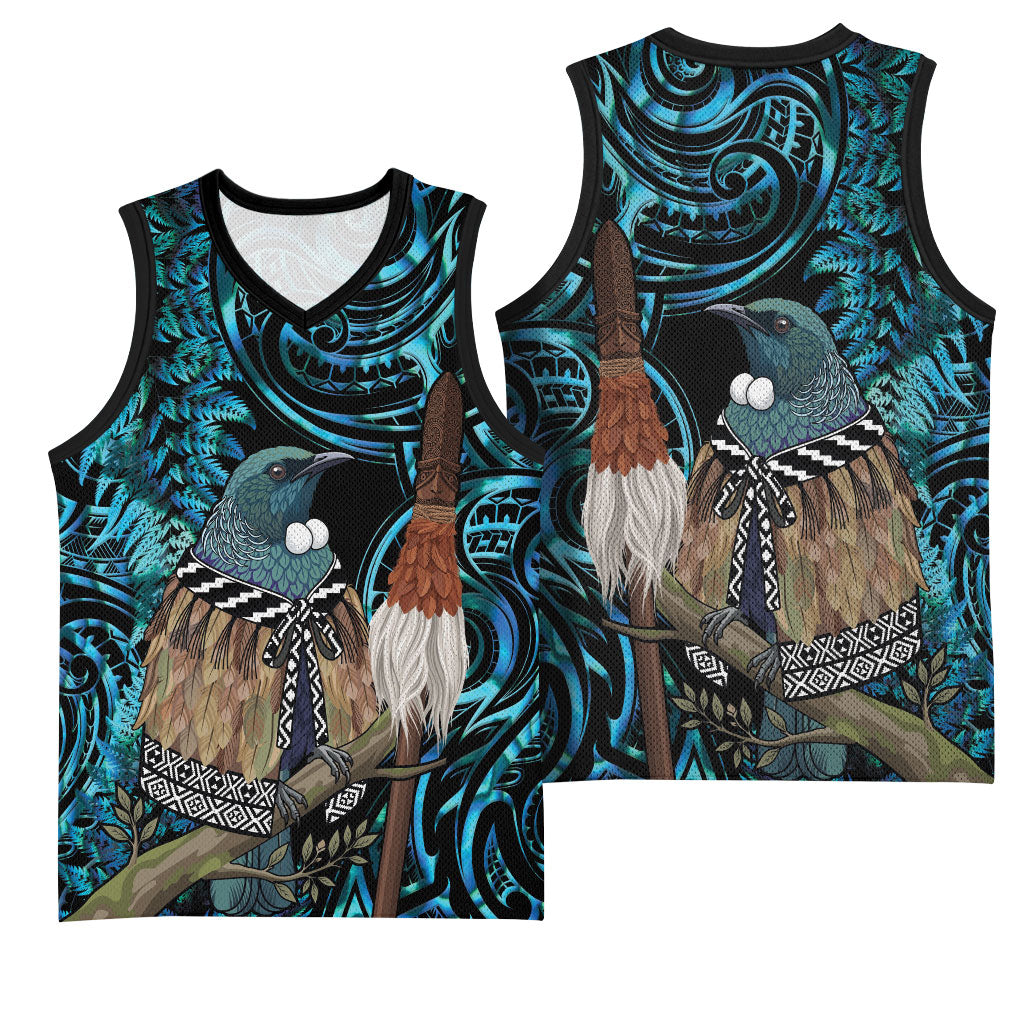 New Zealand Tui Bird Taiaha Basketball Jersey Maori Weapon Paua Shell Mix Silver Fern LT14 - Polynesian Pride