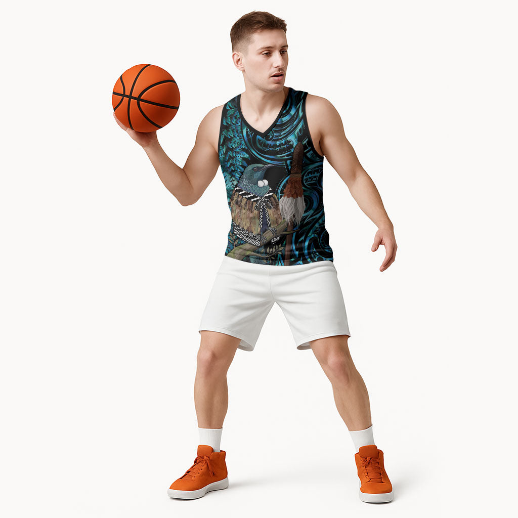 New Zealand Tui Bird Taiaha Basketball Jersey Maori Weapon Paua Shell Mix Silver Fern LT14 - Polynesian Pride