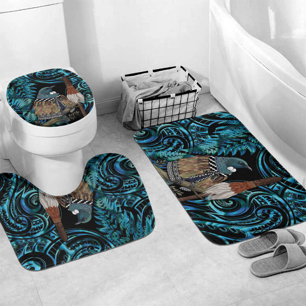 New Zealand Tui Bird Taiaha Bathroom Set Maori Weapon Paua Shell Mix Silver Fern LT14 Mat Set Only (3 pcs) One Size Turquoise - Polynesian Pride