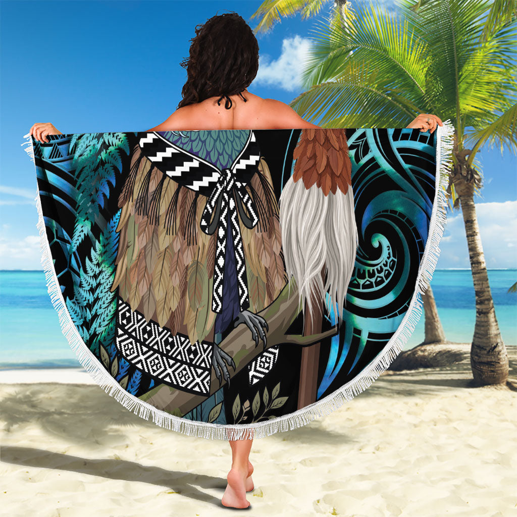 New Zealand Tui Bird Taiaha Beach Blanket Maori Weapon Paua Shell Mix Silver Fern LT14 - Polynesian Pride