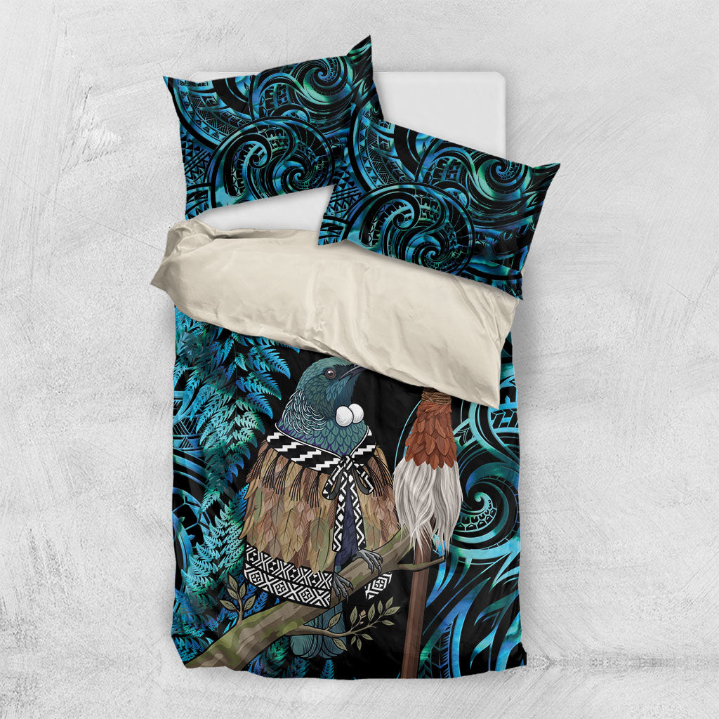 New Zealand Tui Bird Taiaha Bedding Set Maori Weapon Paua Shell Mix Silver Fern LT14 US Twin 172cm x 218cm Turquoise - Polynesian Pride