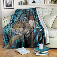 New Zealand Tui Bird Taiaha Blanket Maori Weapon Paua Shell Mix Silver Fern LT14 Turquoise - Polynesian Pride