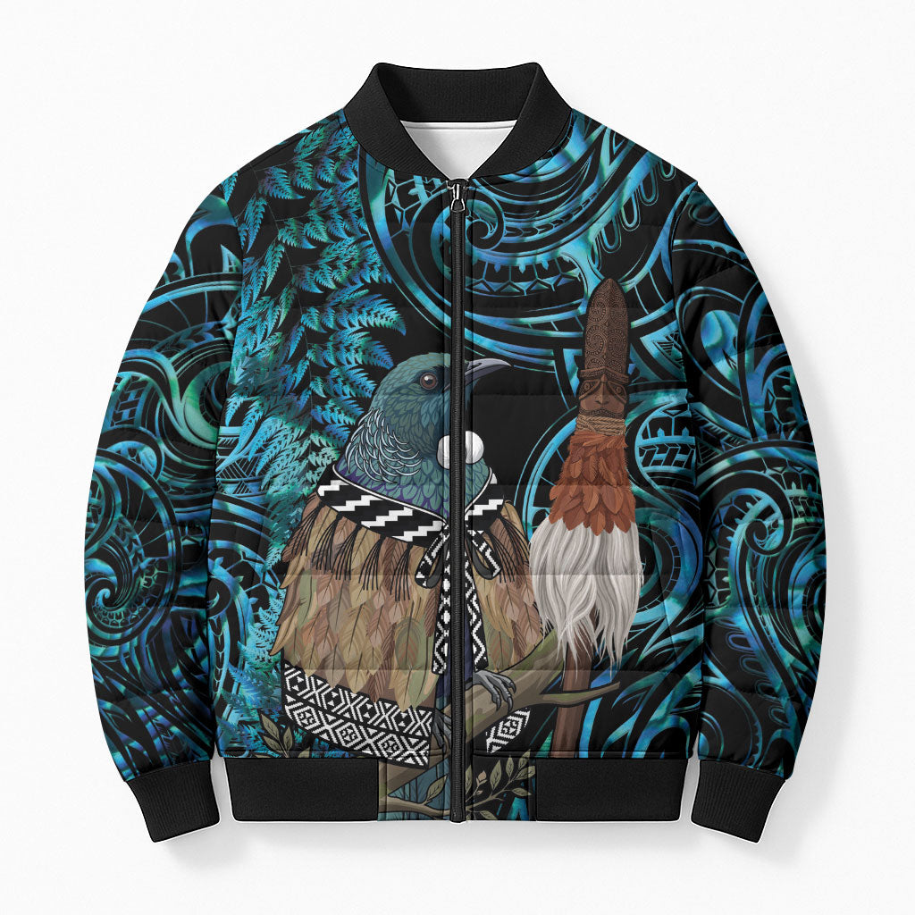 New Zealand Tui Bird Taiaha Bomber Puffer Jacket Maori Weapon Paua Shell Mix Silver Fern LT14 Unisex Turquoise - Polynesian Pride