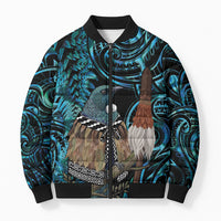 New Zealand Tui Bird Taiaha Bomber Puffer Jacket Maori Weapon Paua Shell Mix Silver Fern LT14 Unisex Turquoise - Polynesian Pride