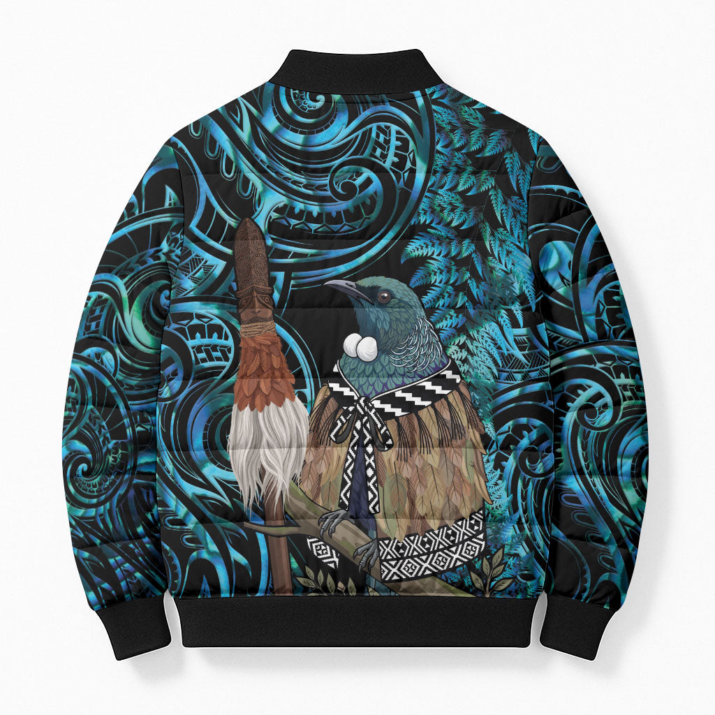 New Zealand Tui Bird Taiaha Bomber Puffer Jacket Maori Weapon Paua Shell Mix Silver Fern LT14 - Polynesian Pride