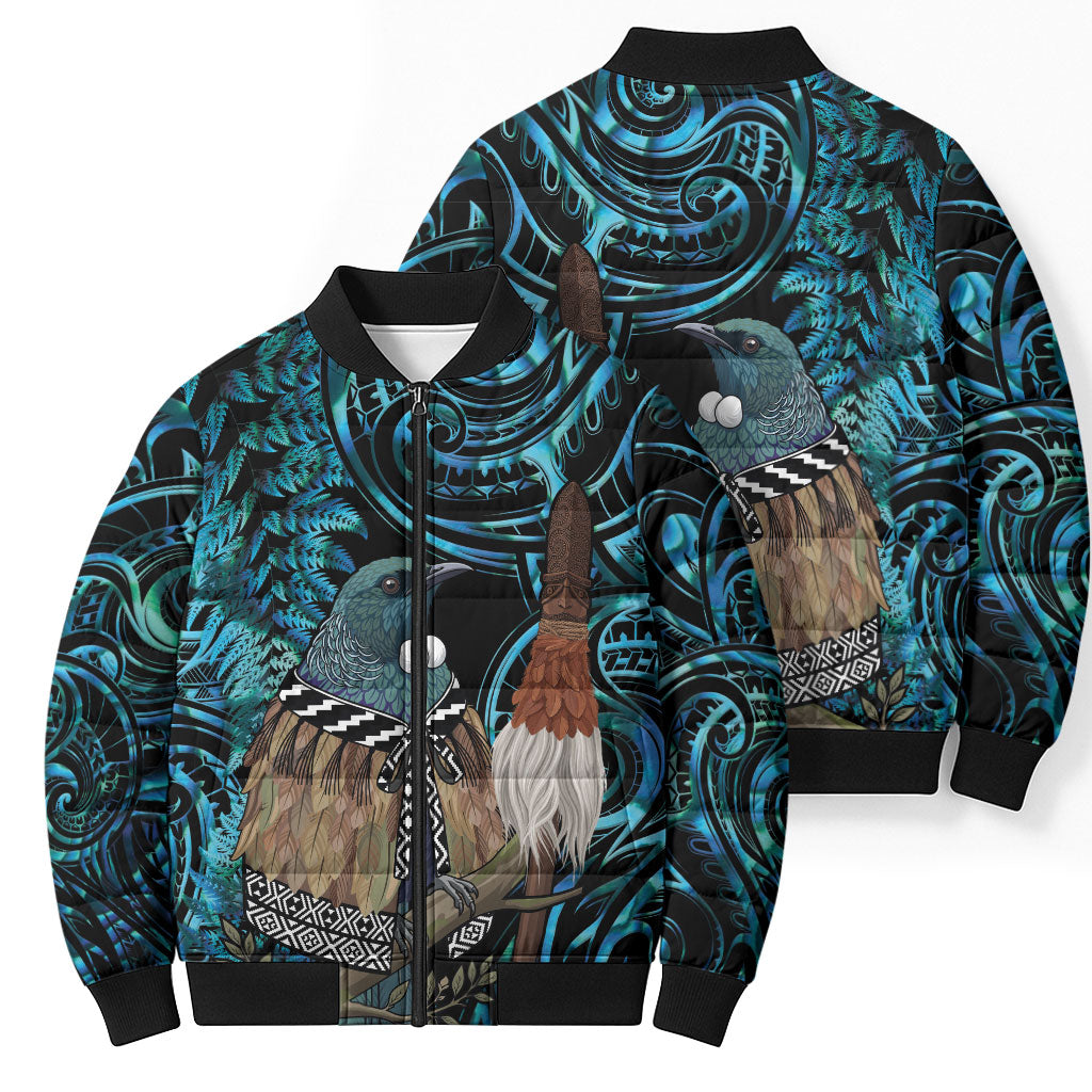New Zealand Tui Bird Taiaha Bomber Puffer Jacket Maori Weapon Paua Shell Mix Silver Fern LT14 - Polynesian Pride