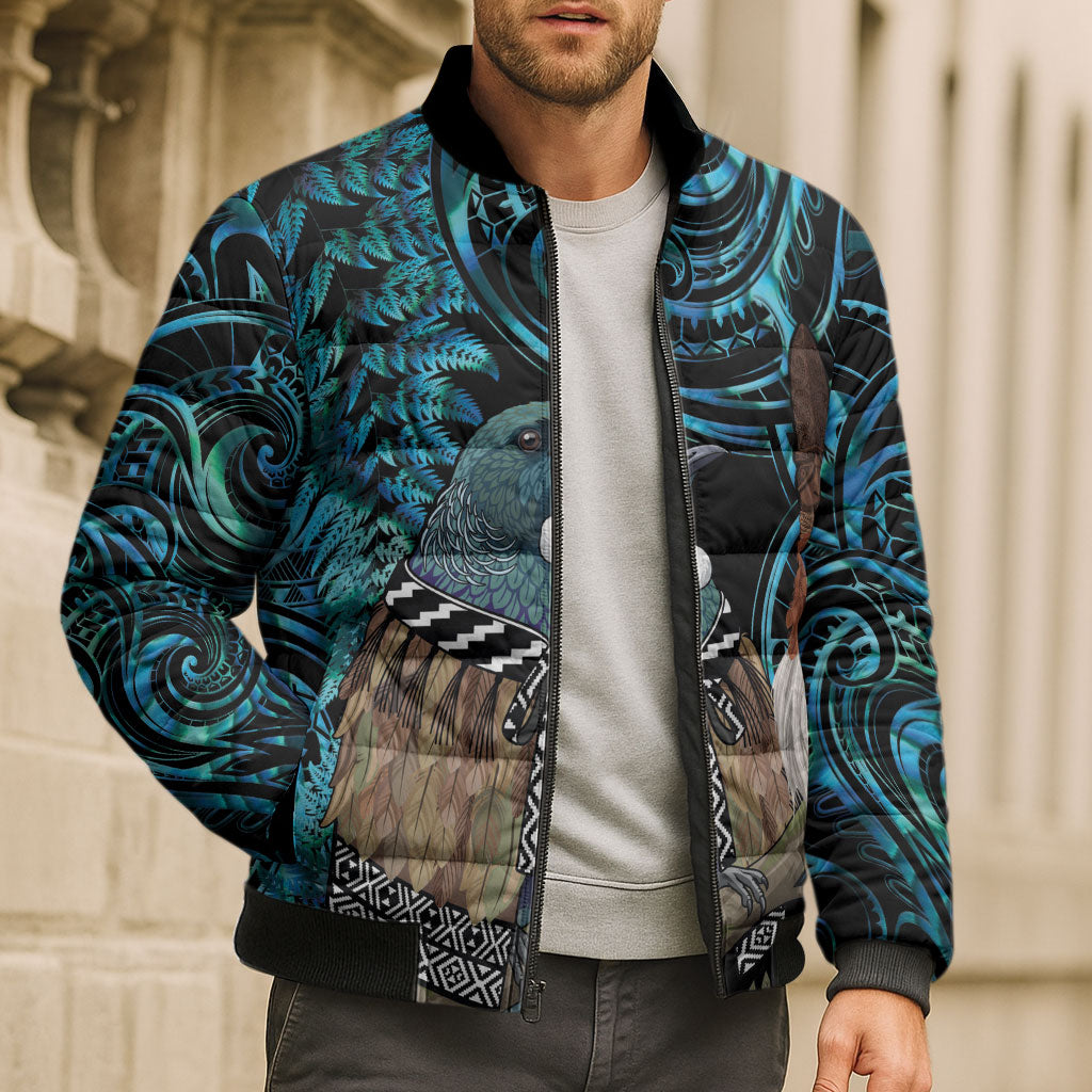 New Zealand Tui Bird Taiaha Bomber Puffer Jacket Maori Weapon Paua Shell Mix Silver Fern LT14 - Polynesian Pride