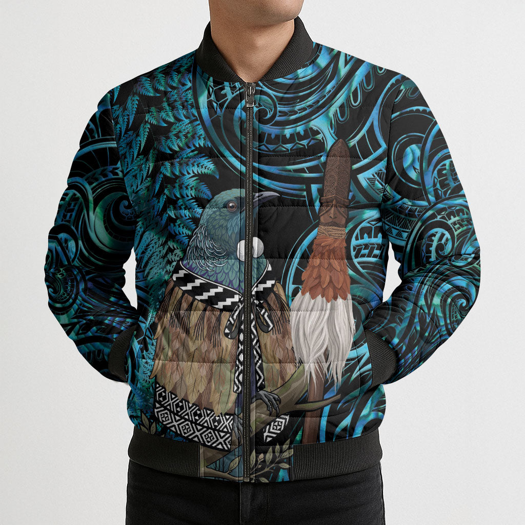 New Zealand Tui Bird Taiaha Bomber Puffer Jacket Maori Weapon Paua Shell Mix Silver Fern LT14 - Polynesian Pride