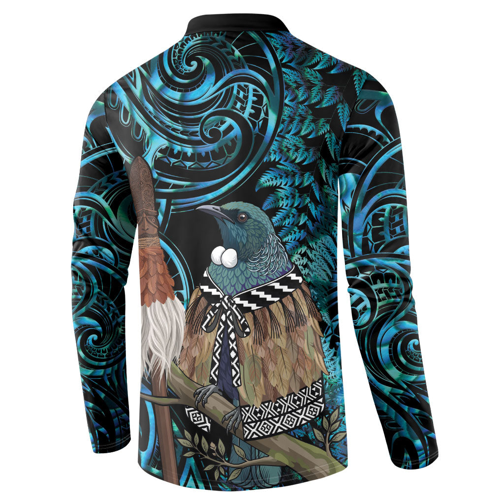 New Zealand Tui Bird Taiaha Button Sweatshirt Maori Weapon Paua Shell Mix Silver Fern LT14 - Polynesian Pride