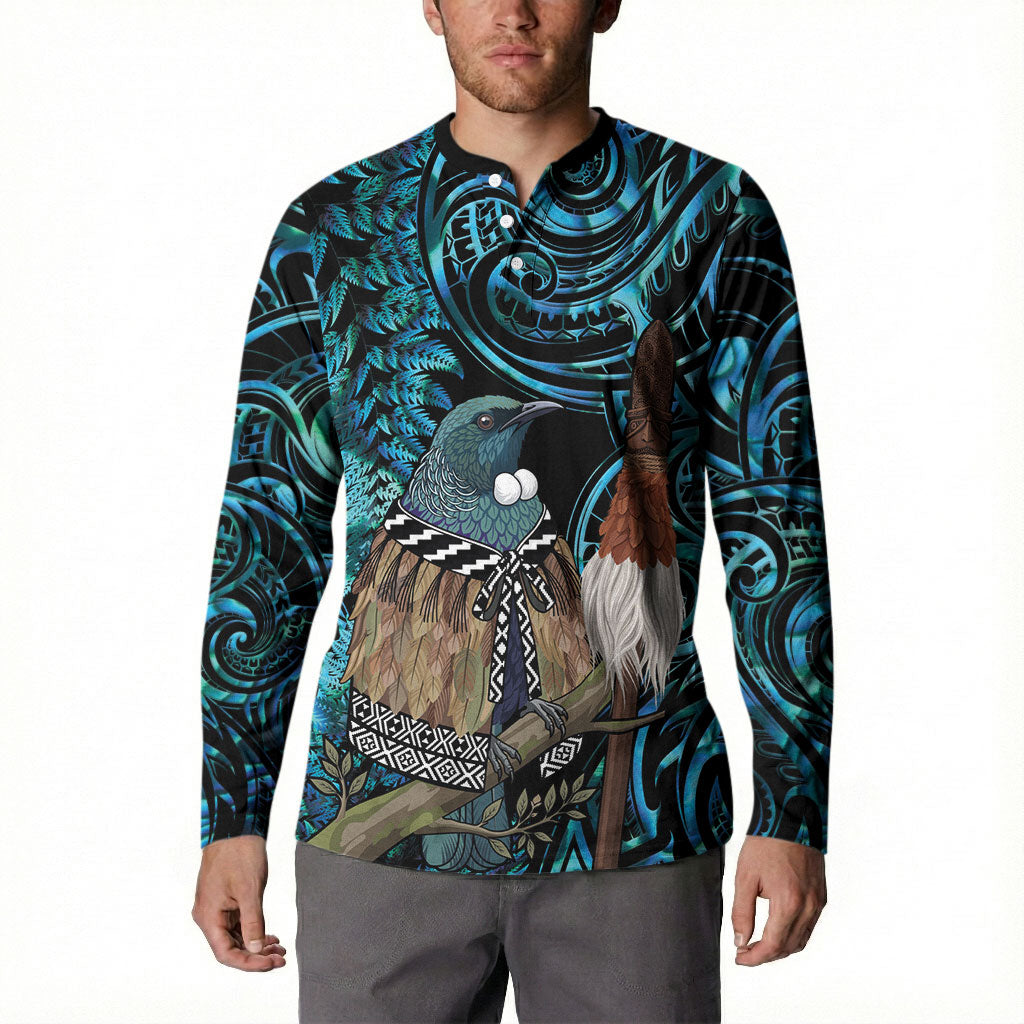 New Zealand Tui Bird Taiaha Button Sweatshirt Maori Weapon Paua Shell Mix Silver Fern LT14 - Polynesian Pride