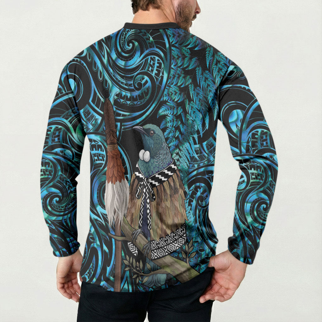 New Zealand Tui Bird Taiaha Button Sweatshirt Maori Weapon Paua Shell Mix Silver Fern LT14 - Polynesian Pride