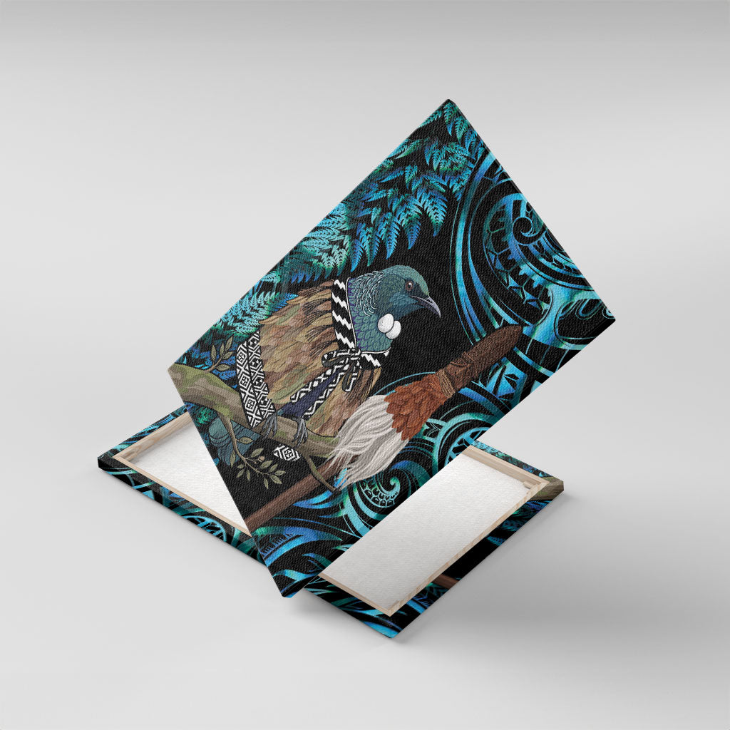 New Zealand Tui Bird Taiaha Canvas Wall Art Maori Weapon Paua Shell Mix Silver Fern LT14 With Frame Turquoise - Polynesian Pride