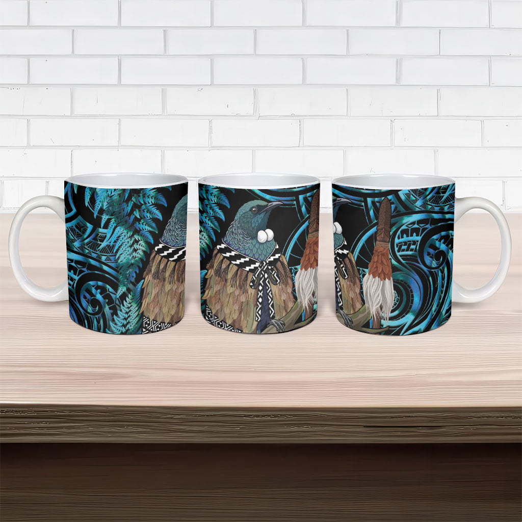 New Zealand Tui Bird Taiaha Ceramic Mug Maori Weapon Paua Shell Mix Silver Fern LT14 - Polynesian Pride