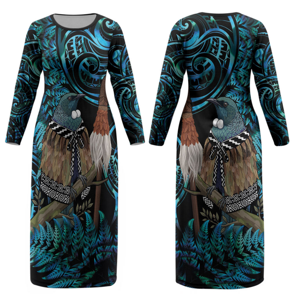 New Zealand Tui Bird Taiaha Couples Matching Long Sleeve Bodycon Dress and Hawaiian Shirt Maori Weapon Paua Shell Mix Silver Fern LT14 - Polynesian Pride