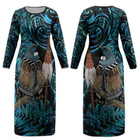New Zealand Tui Bird Taiaha Couples Matching Long Sleeve Bodycon Dress and Hawaiian Shirt Maori Weapon Paua Shell Mix Silver Fern LT14 - Polynesian Pride