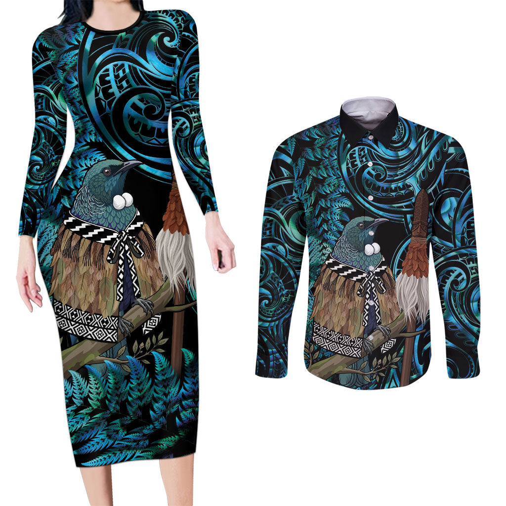 New Zealand Tui Bird Taiaha Couples Matching Long Sleeve Bodycon Dress and Long Sleeve Button Shirt Maori Weapon Paua Shell Mix Silver Fern LT14 Turquoise - Polynesian Pride