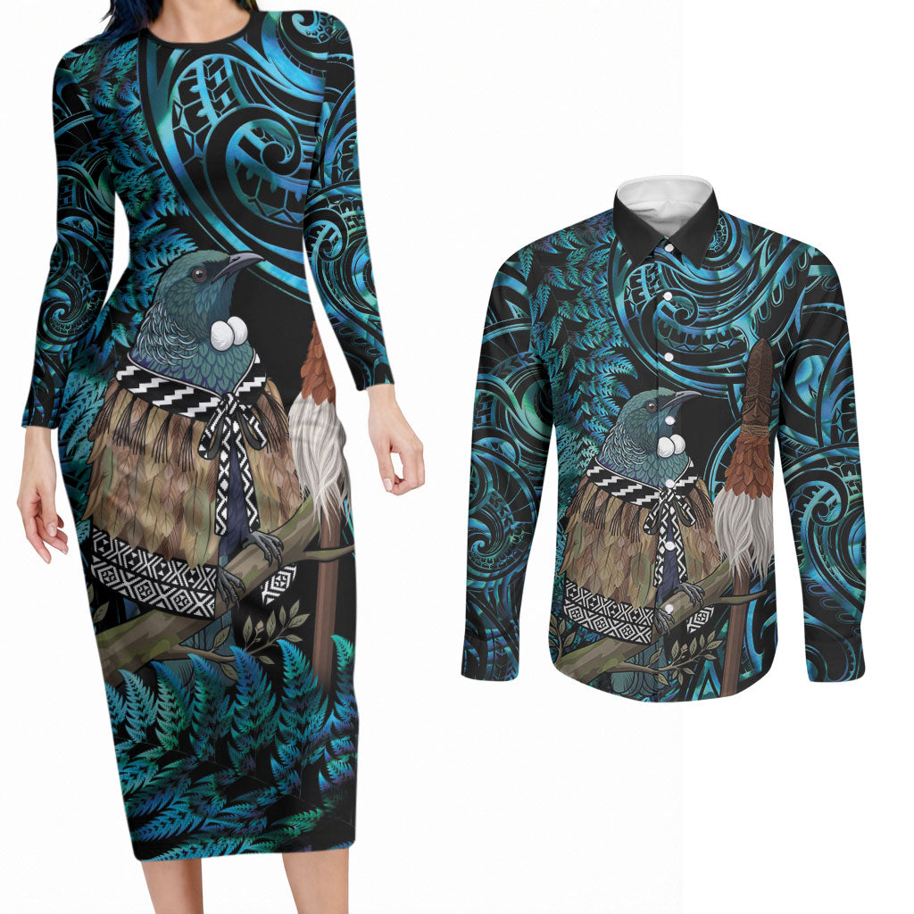 New Zealand Tui Bird Taiaha Couples Matching Long Sleeve Bodycon Dress and Long Sleeve Button Shirt Maori Weapon Paua Shell Mix Silver Fern LT14 Turquoise - Polynesian Pride