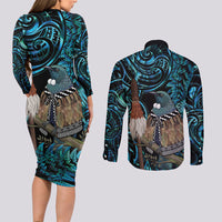 New Zealand Tui Bird Taiaha Couples Matching Long Sleeve Bodycon Dress and Long Sleeve Button Shirt Maori Weapon Paua Shell Mix Silver Fern LT14 - Polynesian Pride