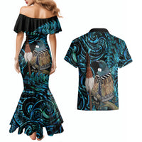 New Zealand Tui Bird Taiaha Couples Matching Mermaid Dress and Hawaiian Shirt Maori Weapon Paua Shell Mix Silver Fern LT14 - Polynesian Pride