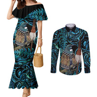 New Zealand Tui Bird Taiaha Couples Matching Mermaid Dress and Long Sleeve Button Shirt Maori Weapon Paua Shell Mix Silver Fern LT14 Turquoise - Polynesian Pride