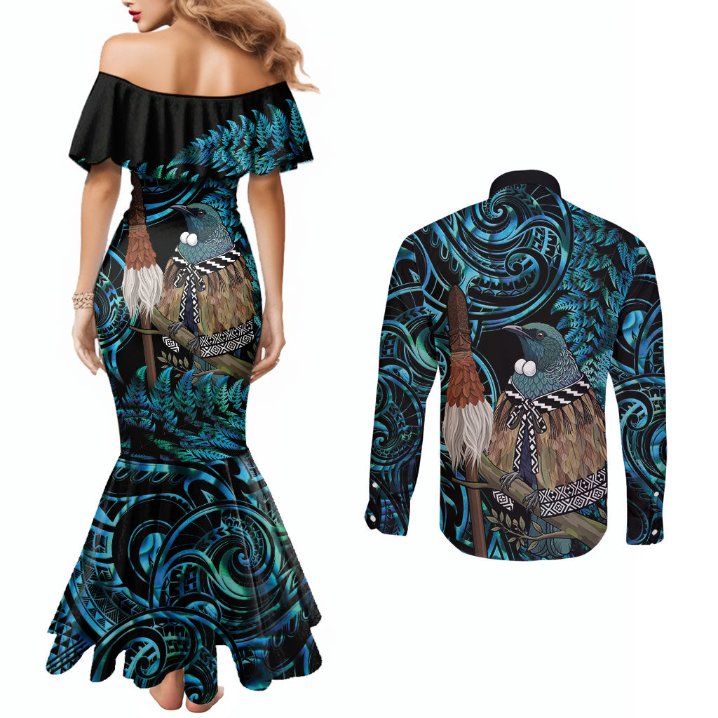 New Zealand Tui Bird Taiaha Couples Matching Mermaid Dress and Long Sleeve Button Shirt Maori Weapon Paua Shell Mix Silver Fern LT14 - Polynesian Pride