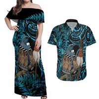 New Zealand Tui Bird Taiaha Couples Matching Off Shoulder Maxi Dress and Hawaiian Shirt Maori Weapon Paua Shell Mix Silver Fern LT14 Turquoise - Polynesian Pride
