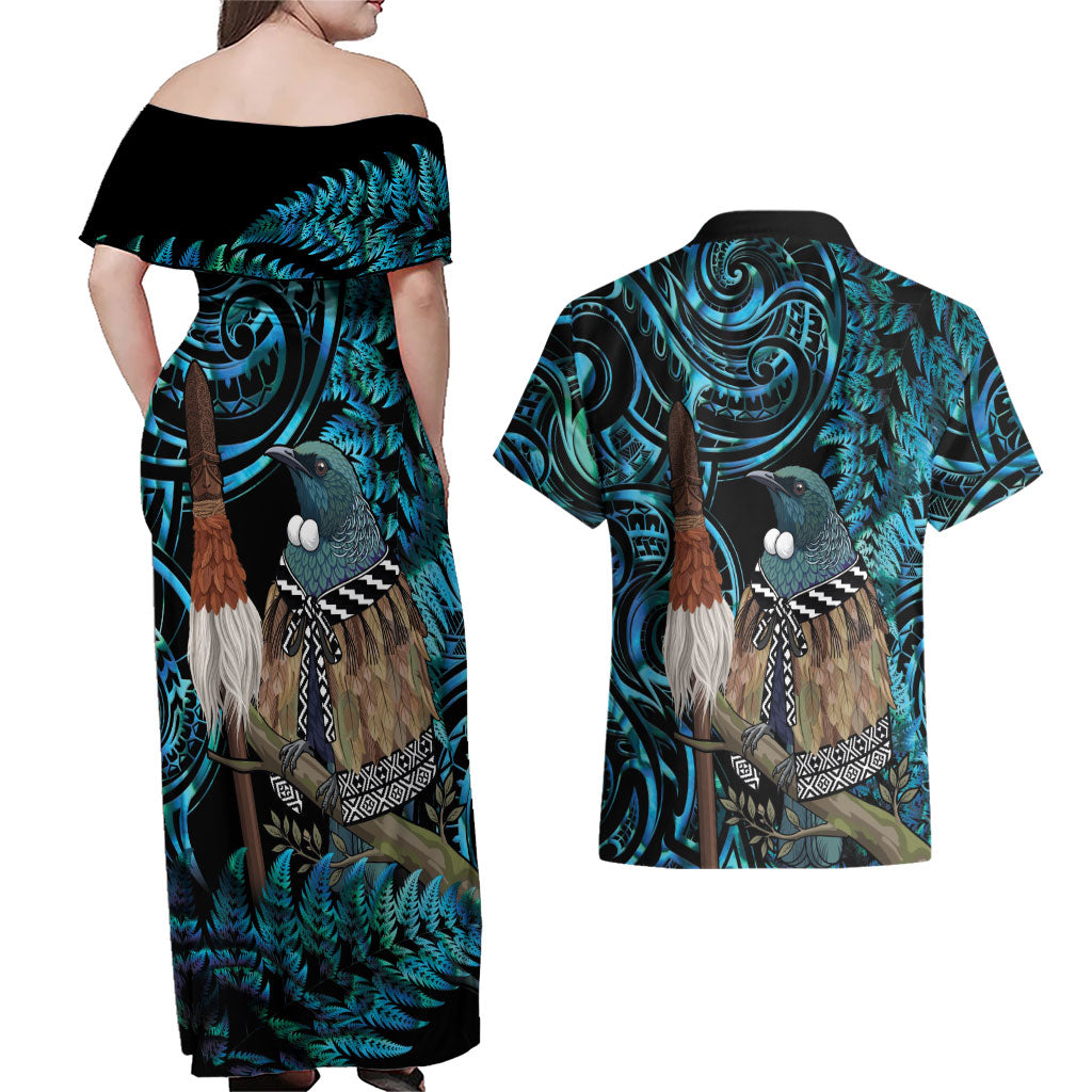 New Zealand Tui Bird Taiaha Couples Matching Off Shoulder Maxi Dress and Hawaiian Shirt Maori Weapon Paua Shell Mix Silver Fern LT14 - Polynesian Pride