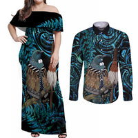 New Zealand Tui Bird Taiaha Couples Matching Off Shoulder Maxi Dress and Long Sleeve Button Shirt Maori Weapon Paua Shell Mix Silver Fern LT14 Turquoise - Polynesian Pride