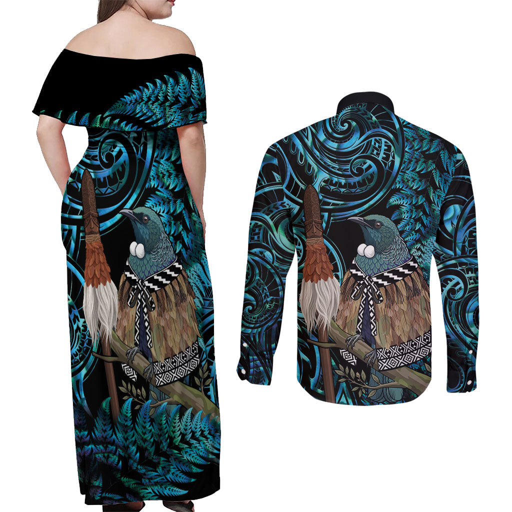 New Zealand Tui Bird Taiaha Couples Matching Off Shoulder Maxi Dress and Long Sleeve Button Shirt Maori Weapon Paua Shell Mix Silver Fern LT14 - Polynesian Pride