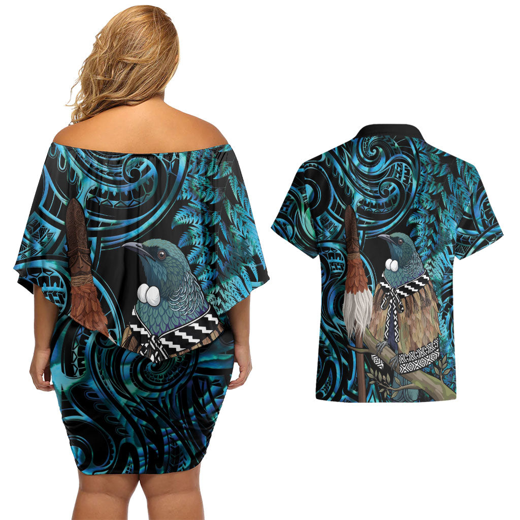 New Zealand Tui Bird Taiaha Couples Matching Off Shoulder Short Dress and Hawaiian Shirt Maori Weapon Paua Shell Mix Silver Fern LT14 - Polynesian Pride
