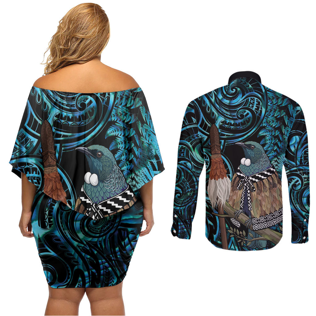 New Zealand Tui Bird Taiaha Couples Matching Off Shoulder Short Dress and Long Sleeve Button Shirt Maori Weapon Paua Shell Mix Silver Fern LT14 - Polynesian Pride