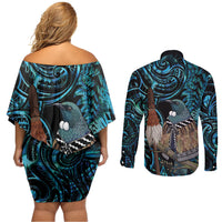 New Zealand Tui Bird Taiaha Couples Matching Off Shoulder Short Dress and Long Sleeve Button Shirt Maori Weapon Paua Shell Mix Silver Fern LT14 - Polynesian Pride