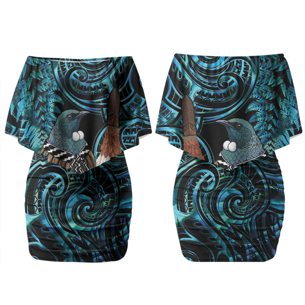 New Zealand Tui Bird Taiaha Couples Matching Off Shoulder Short Dress and Long Sleeve Button Shirt Maori Weapon Paua Shell Mix Silver Fern LT14 - Polynesian Pride