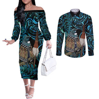New Zealand Tui Bird Taiaha Couples Matching Off The Shoulder Long Sleeve Dress and Long Sleeve Button Shirt Maori Weapon Paua Shell Mix Silver Fern LT14 Turquoise - Polynesian Pride